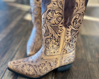 Tooled floral cowboy boots