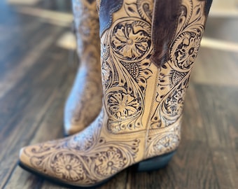 Tooled floral cowboy boots