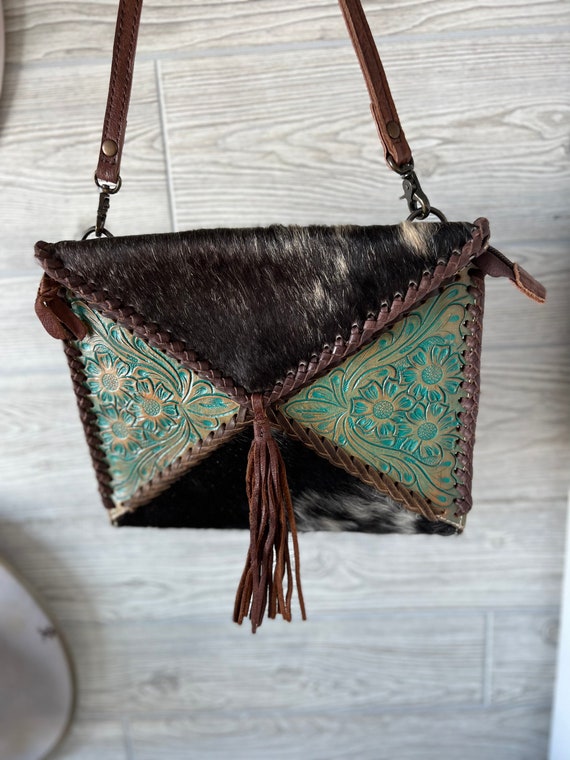 Teal cowhide patchwork crossbody - image 2
