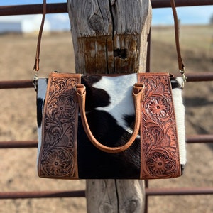 Tooled cowhide tote