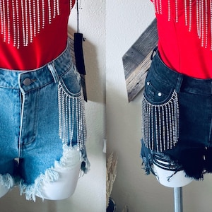 Denim Rhinestone Fringe Shorts | Etsy 