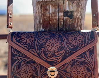 Tooled leather envelope crossbody