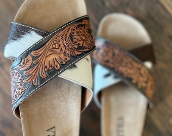 Twist tooled cowhide slides