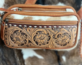 Tooled cowhide fanny pack