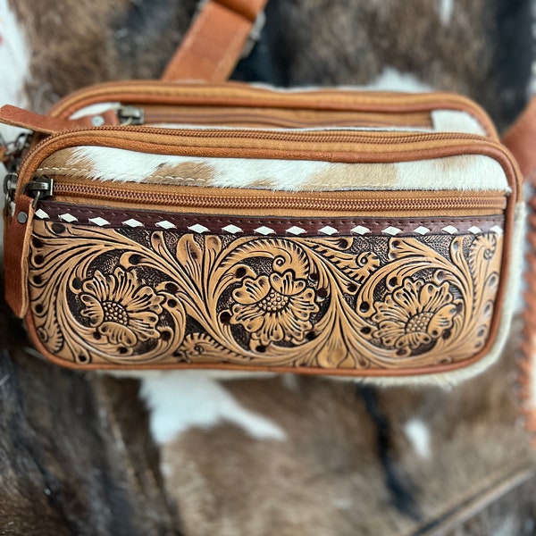 Tooled cowhide fanny pack