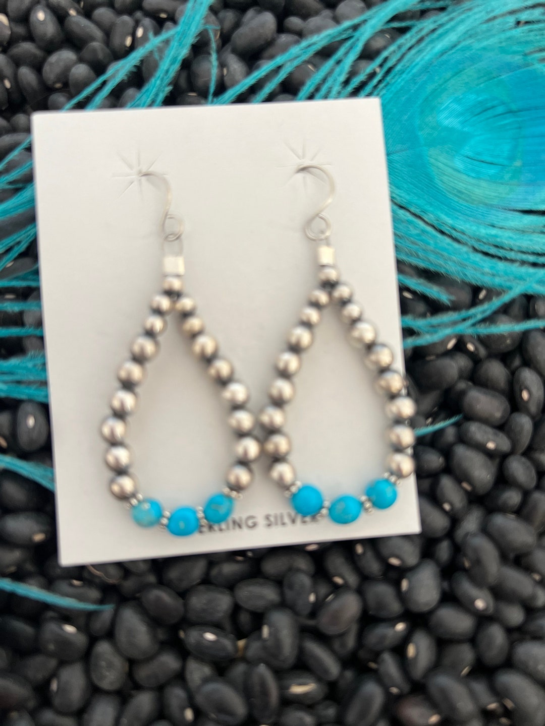 Navajo Pearl Style Rhinestone Teardrop Earrings, Western Bead Dangle Earrings, Western Silver Pearl Earrings