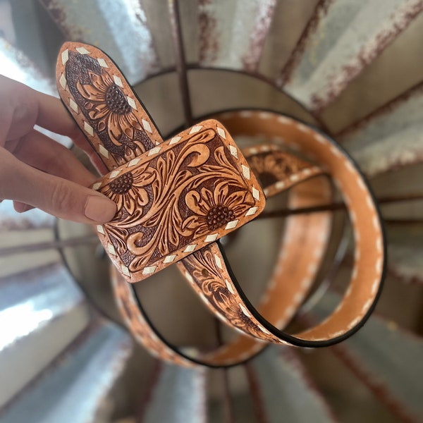 Tooled leather flower belt