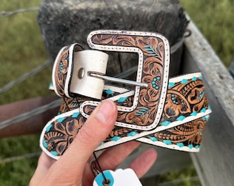 Fossil Multi Quilted Squares Leather Belt Earth Tones Boho  display picture 3