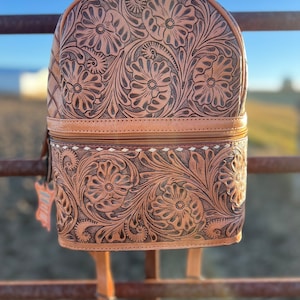 Tooled leather backpack