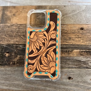 Turquoise tooled leather phone case
