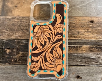 Turquoise tooled leather phone case