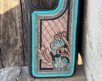 Turquoise leather iPhone case