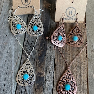 Silver and copper tooled necklace and earrings set with turquoise stone