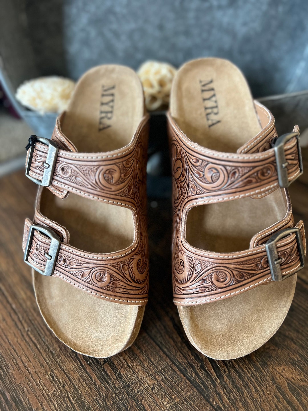 tooled leather sandals