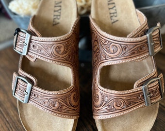 Tooled leather sandals