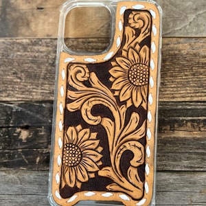Leren telefoonhoesje met bewerkte zonnebloem