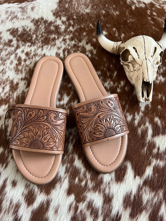 Tooled Leather flip flops