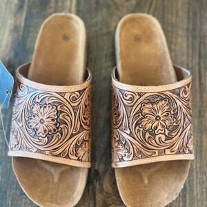 Tooled leather slides