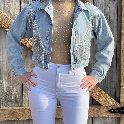 Rainbow Fringe Denim Jacket White/black/denim Men's Etsy