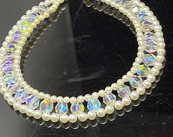 Vintage pearl collar woven statement choker AB Crystal