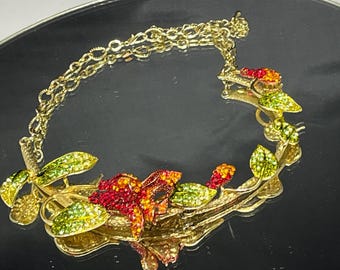 crystal necklace floral red green gold  statement