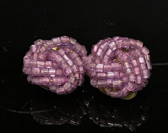Purple seed bead earrings kitsch retro clip on