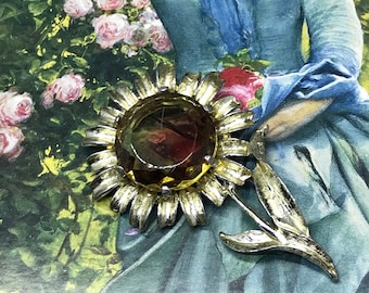 Amber glass brooch vintage large statement sunflower Hollywood