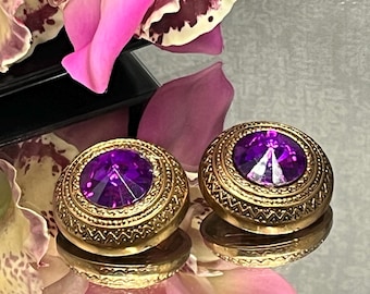 Amethyst crystal domed earrings clip on vintage statement large amazing