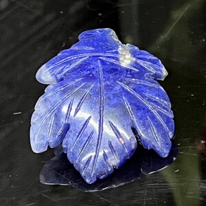 Puede incluir: Un colgante de hoja de lapislázuli azul tallado. La hoja está detallada con venas y tiene una apariencia ligeramente translúcida.
