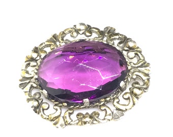 Amethyst glass brooch vintage Scottish huge statement beautiful oval filigree