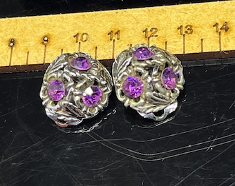 Amethyst glass earrings clip on vintage silver tone