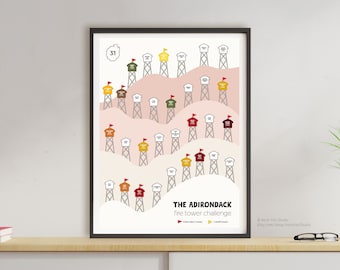 May include: A poster with a map of the Adirondack fire tower challenge. The map shows 31 fire towers in different colors, including red, yellow, orange, and green. The poster is framed in black and has the text "THE ADIRONDACK fire tower challenge" at the bottom.