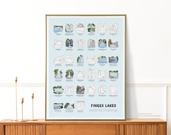 May include: A light blue poster with a gold frame featuring a graphic of 30 different waterfalls in the Finger Lakes region of New York State. The poster is titled "Finger Lakes Waterfall Challenge".