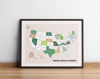 May include: A printable map of the United States of America with each state outlined in a different color. The map is labeled with the number 50 and the words "United States of America".