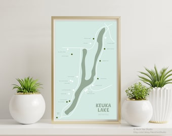 May include: A minimalist map of Keuka Lake in New York State, featuring the location of wineries. The map is printed on a light blue background with a green outline of the lake. The title "Keuka Lake Wineries" is printed in black at the bottom of the map.