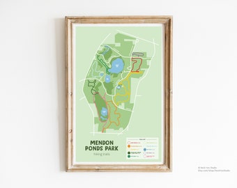 May include: A map of Mendon Ponds Park in Rochester, New York, showing hiking trails in different colors. The map includes a key with trail names and colors. The text "Mendon Ponds Park" and "hiking trails" is printed at the bottom of the map.