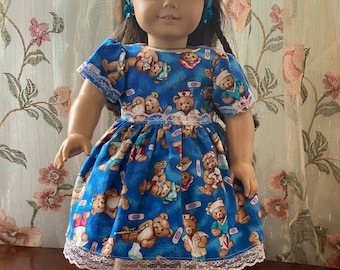 18 Inch Doll Dress: Blue Bear Theme, Hair Bow Outfit