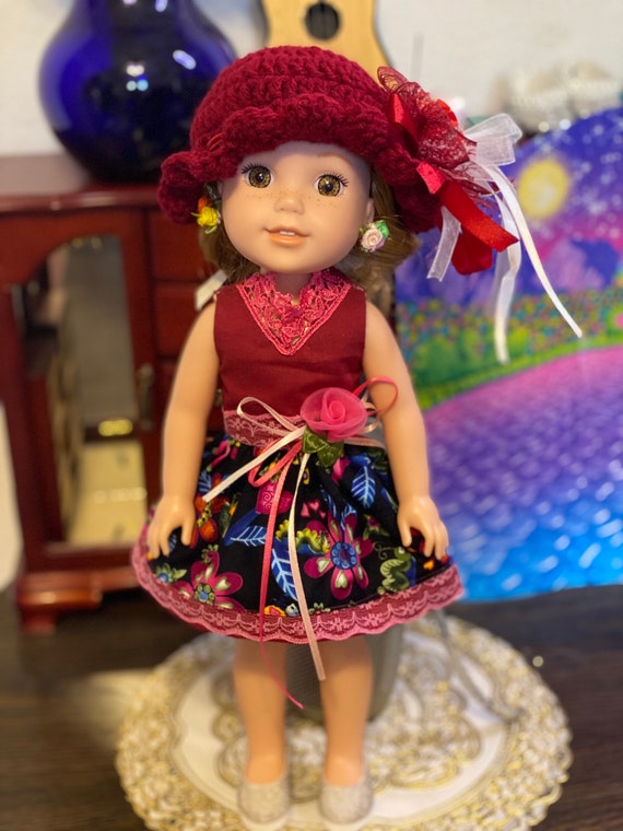 Dress and Yarn Hat Made Fit 15 Inch Ruby Red Wellie Wisher, Doll