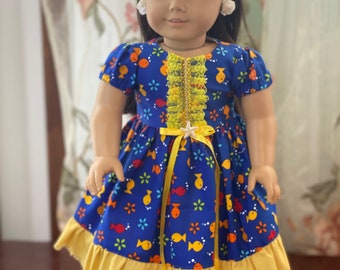 18 Inch Doll Dress: Fishes and Flowers Outfit, Hair Band Included