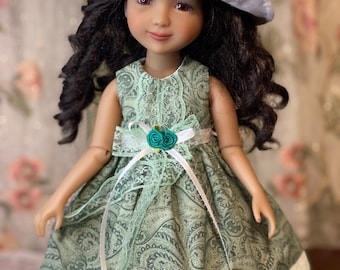 15 Inch Doll Dress & Hat Set: Green Floral Cotton, Fits Ruby Red/Wellie Wisher