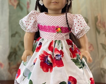 American Girl Doll Dress with Crochet Yarn Hat, 18 inch Doll Outfit