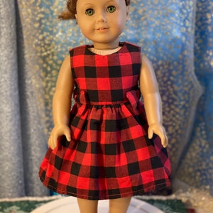 Buffalo plaid dress made for 18 inch American Girl, 15 inch Ruby Red, Wellie Wisher, Paola Reina, Christmas doll outfits