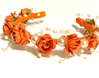 Flowers headband/crown with orange roses for 15 inches Ruby Red/ Wellie Wisher/ 18” American Girl/ doll headband / Doll hairband/ Doll crown