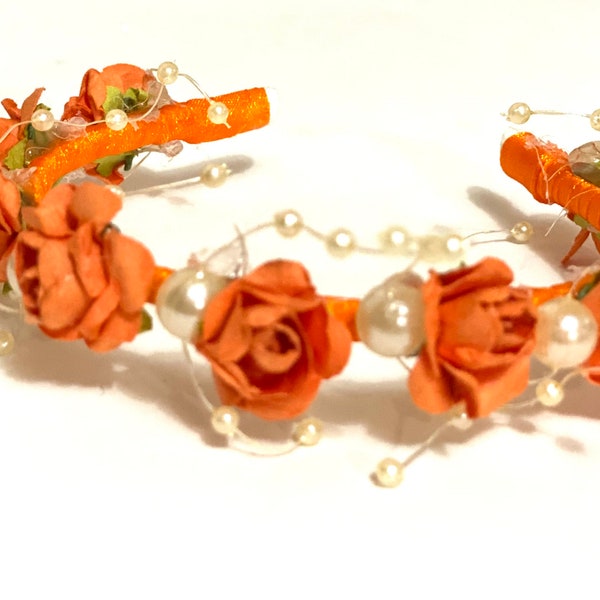 Flowers headband/crown with orange roses for 15 inches Ruby Red/ Wellie Wisher/ 18” American Girl/ doll headband / Doll hairband/ Doll crown