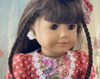 18 Inch Doll Dress, Heart Flowers Print, Hair Bow