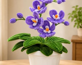 Handmade Pipe Cleaner Orchid Flower Pot | Faux Velvet Flower Arrangement | Cute Desk Decor | Unique Gift for Mom | Forever Bloom Plant