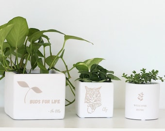 Personalized Engraved White Terracotta Planter Pot