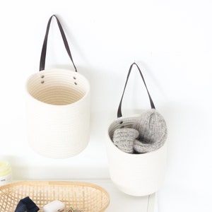 Set of 2 Storage Cotton Rope Hanging Wall Basket with Leather Handle