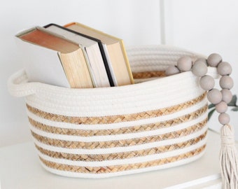 White Cotton and Jute Woven Storage Rope Baskets with Handles