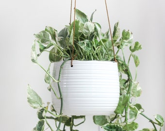 Large Textured Glossy White Ceramic Hanging Planter Pot